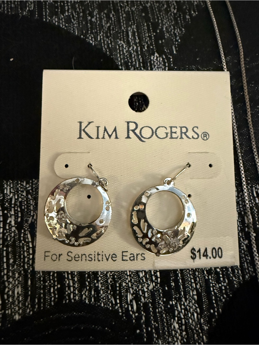 Kim Rogers Silver Floral-Textured Open Circle Earrings and cross necklace